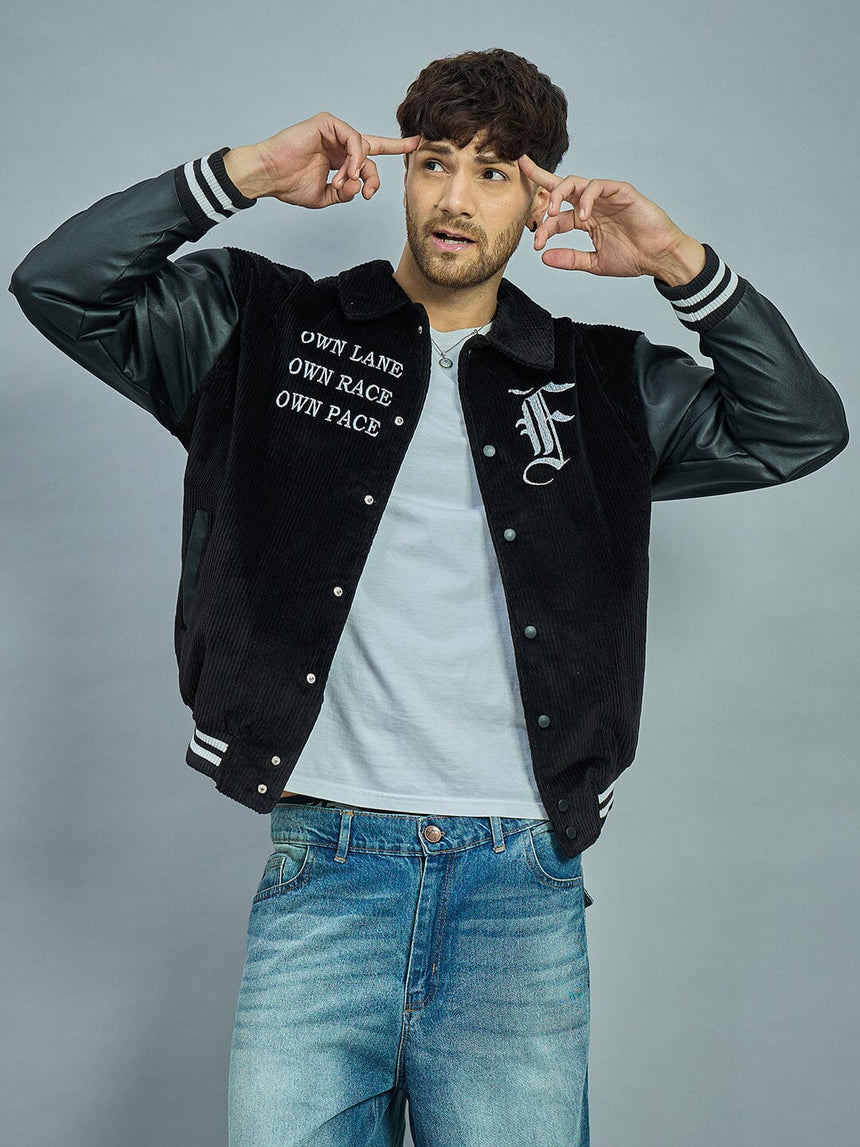 Black Corduroy Faux Leather Sleeves Varsity Jacket Jackets Fugazee