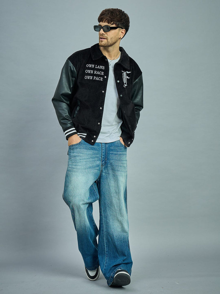 Black Corduroy Faux Leather Sleeves Varsity Jacket Jackets Fugazee