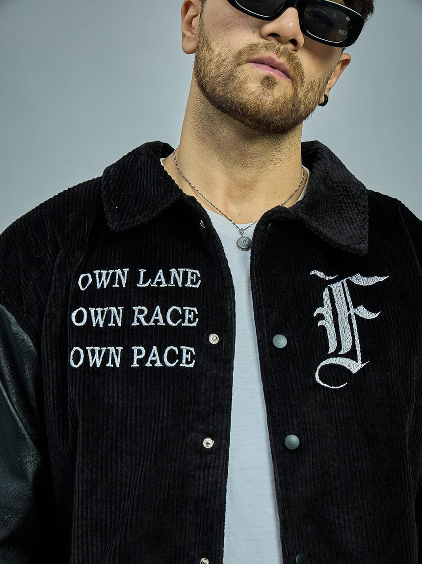 Black Corduroy Faux Leather Sleeves Varsity Jacket Jackets Fugazee