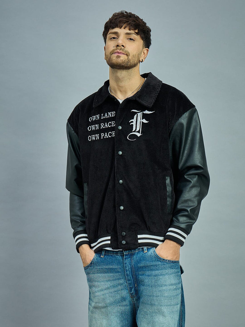 Black Corduroy Faux Leather Sleeves Varsity Jacket Jackets Fugazee