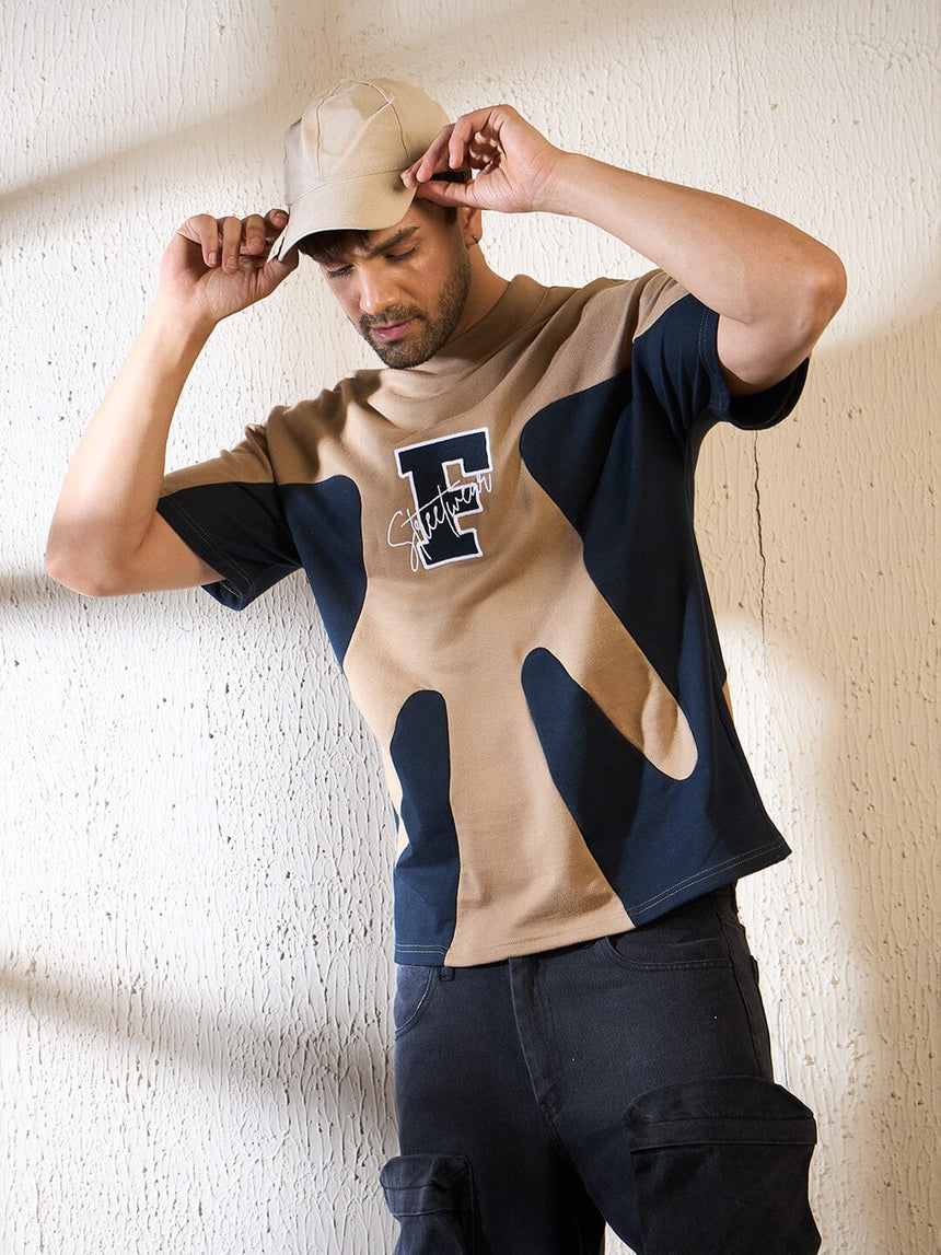 Biege & Navy Cut & Sew Oversized Tshirt T-shirts Fugazee 