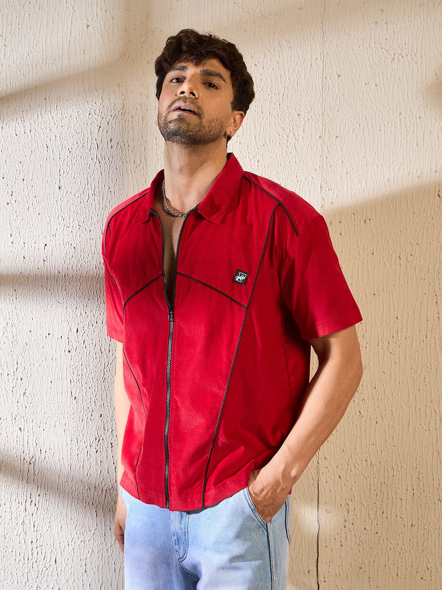 Red Corduroy Zipped Piping Shirt Shirts Fugazee