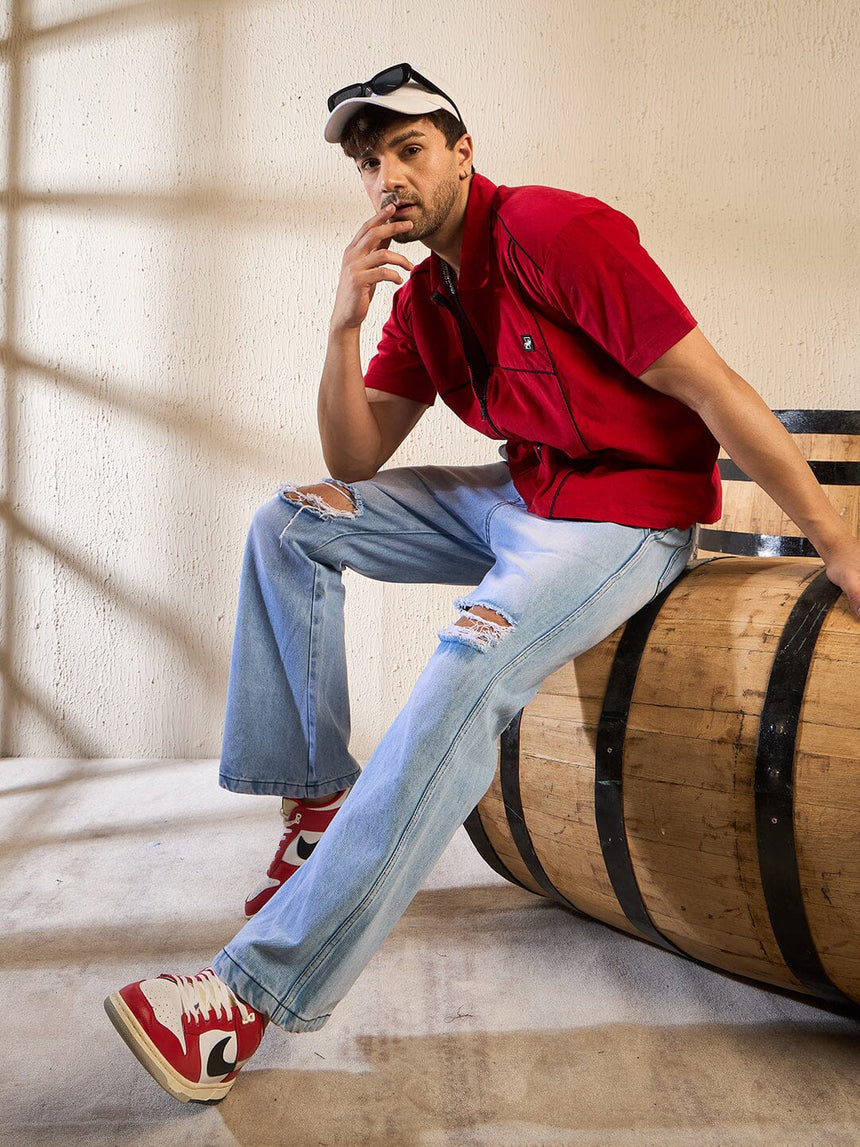 Red Corduroy Zipped Piping Shirt Shirts Fugazee