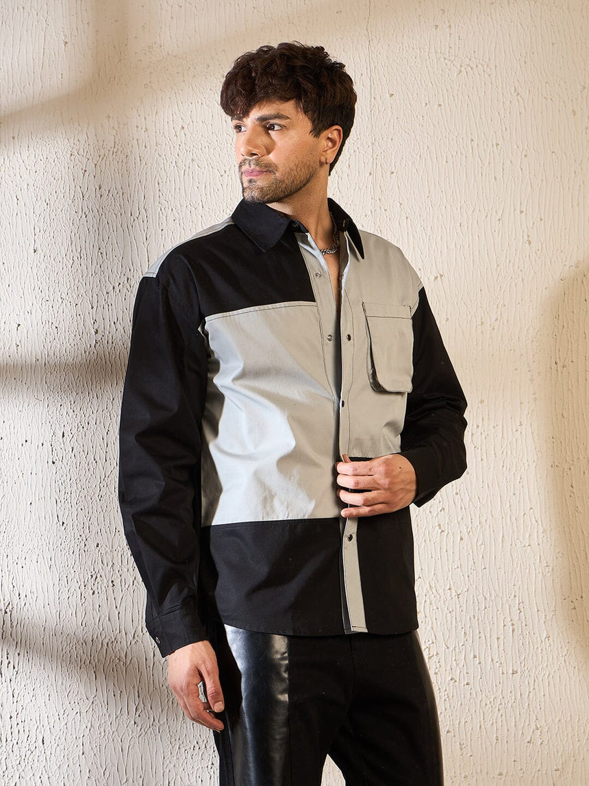 Black & Grey Contrast Panel Oversized Shirt Shirts Fugazee