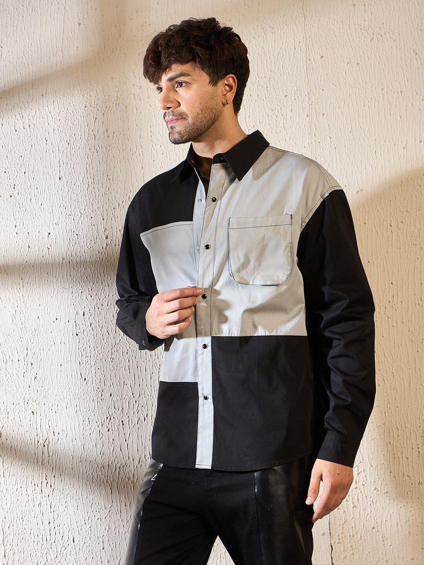 Black & Grey Contrast Panel Oversized Shirt Shirts Fugazee
