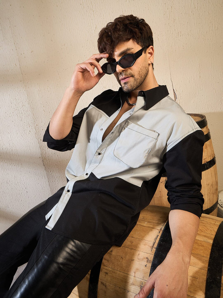 Black & Grey Contrast Panel Oversized Shirt Shirts Fugazee