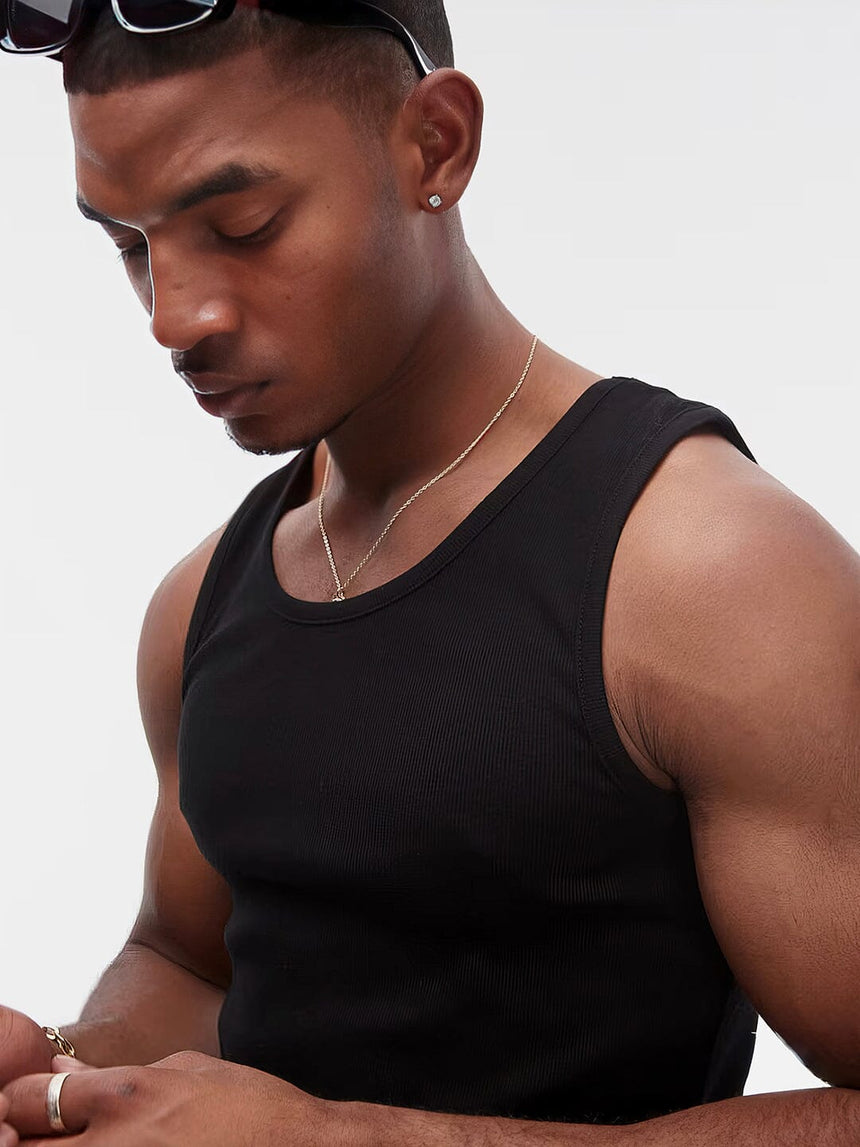 Black Ribbed Muscle Fit Vest T-Shirts Fugazee