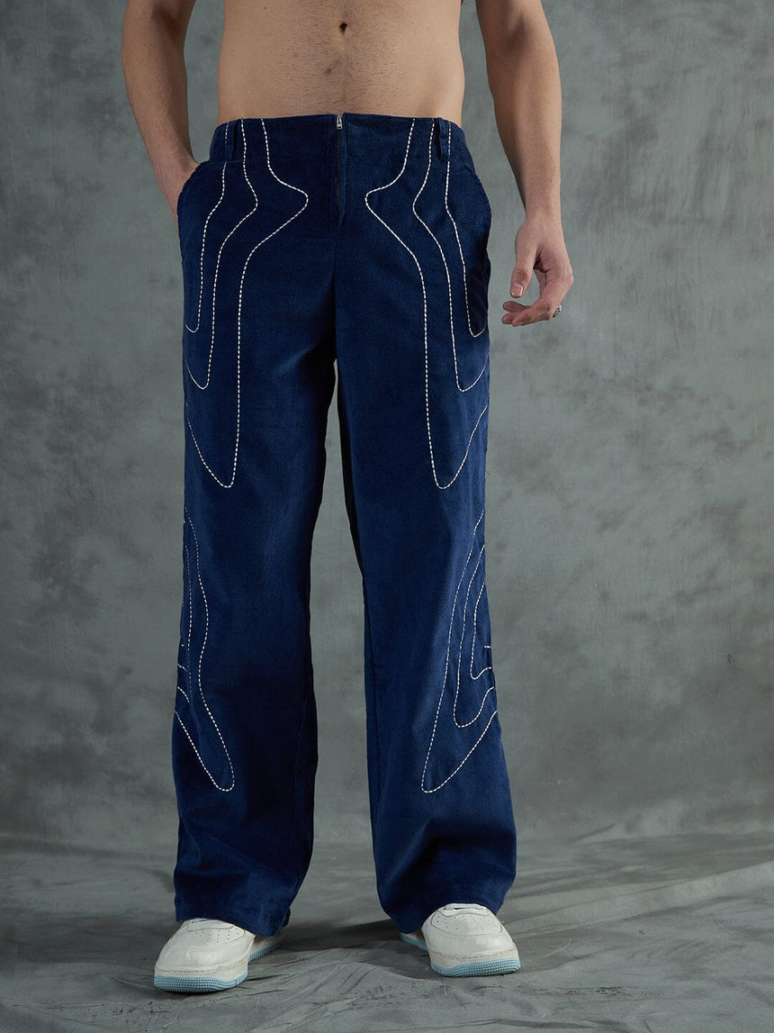 Navy Wavy Embroiedery Baggy Corduroy Trousers Trousers Fugazee