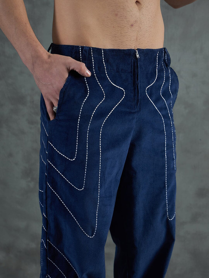 Navy Wavy Embroiedery Baggy Corduroy Trousers Trousers Fugazee