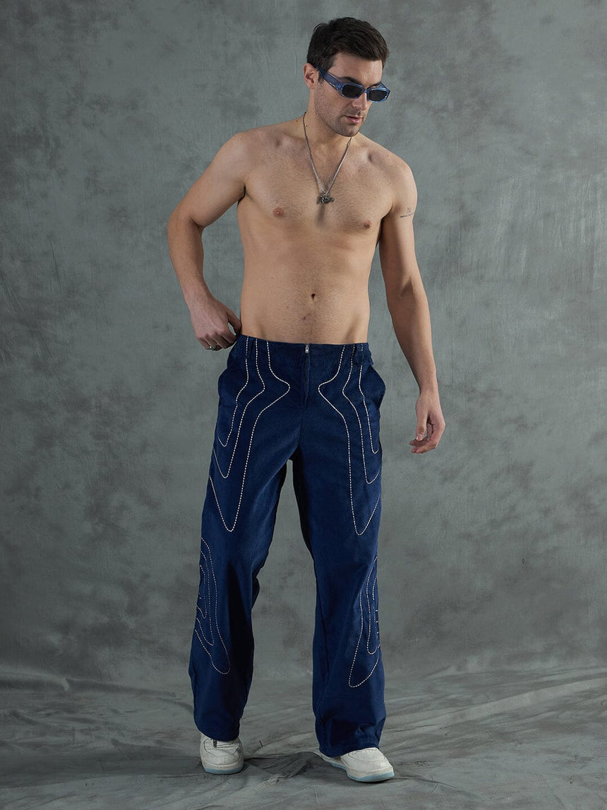 Navy Wavy Embroiedery Baggy Corduroy Trousers Trousers Fugazee