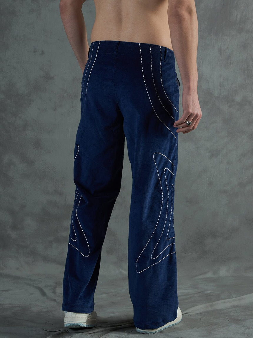 Navy Wavy Embroiedery Baggy Corduroy Trousers Trousers Fugazee