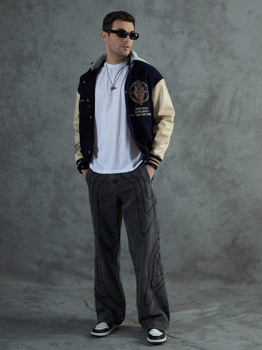 Navy Cupid Sniper Hooded Varsity Jacket Jackets Fugazee