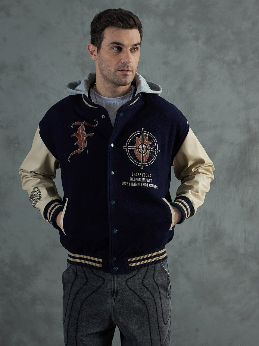 Navy Cupid Sniper Hooded Varsity Jacket Jackets Fugazee