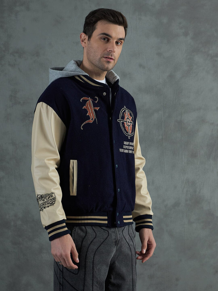 Navy Cupid Sniper Hooded Varsity Jacket Jackets Fugazee