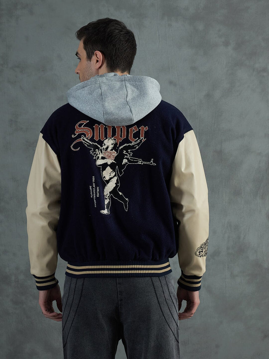 Navy Cupid Sniper Hooded Varsity Jacket Jackets Fugazee