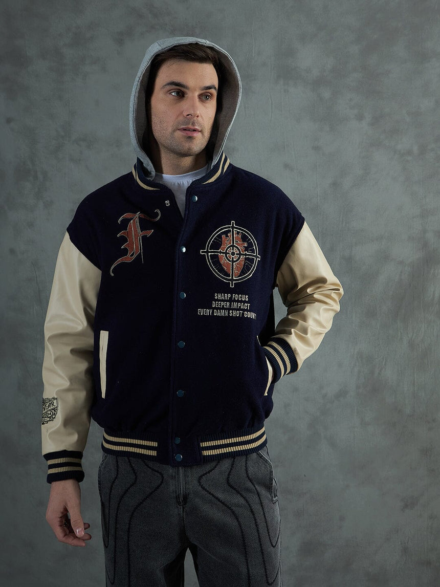 Navy Cupid Sniper Hooded Varsity Jacket Jackets Fugazee