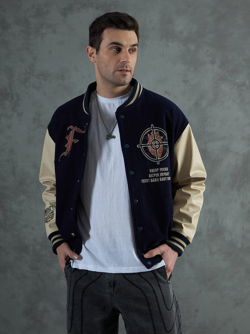 Navy Cupid Sniper Hooded Varsity Jacket Jackets Fugazee