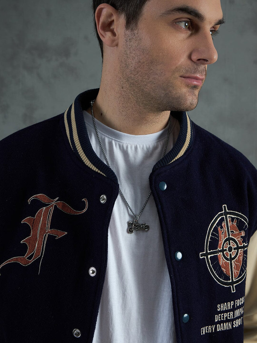 Navy Cupid Sniper Hooded Varsity Jacket Jackets Fugazee