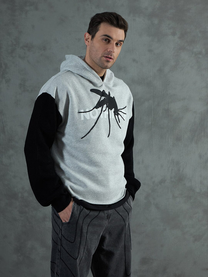 Grey Cropped Hoodie With Contrast Sleeves Sweatshirts Fugazee