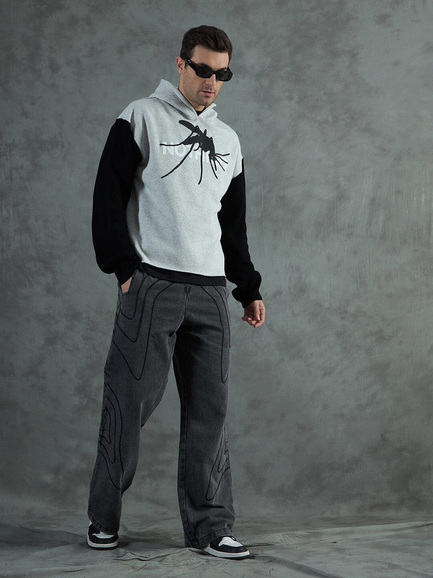 Grey Cropped Hoodie With Contrast Sleeves Sweatshirts Fugazee