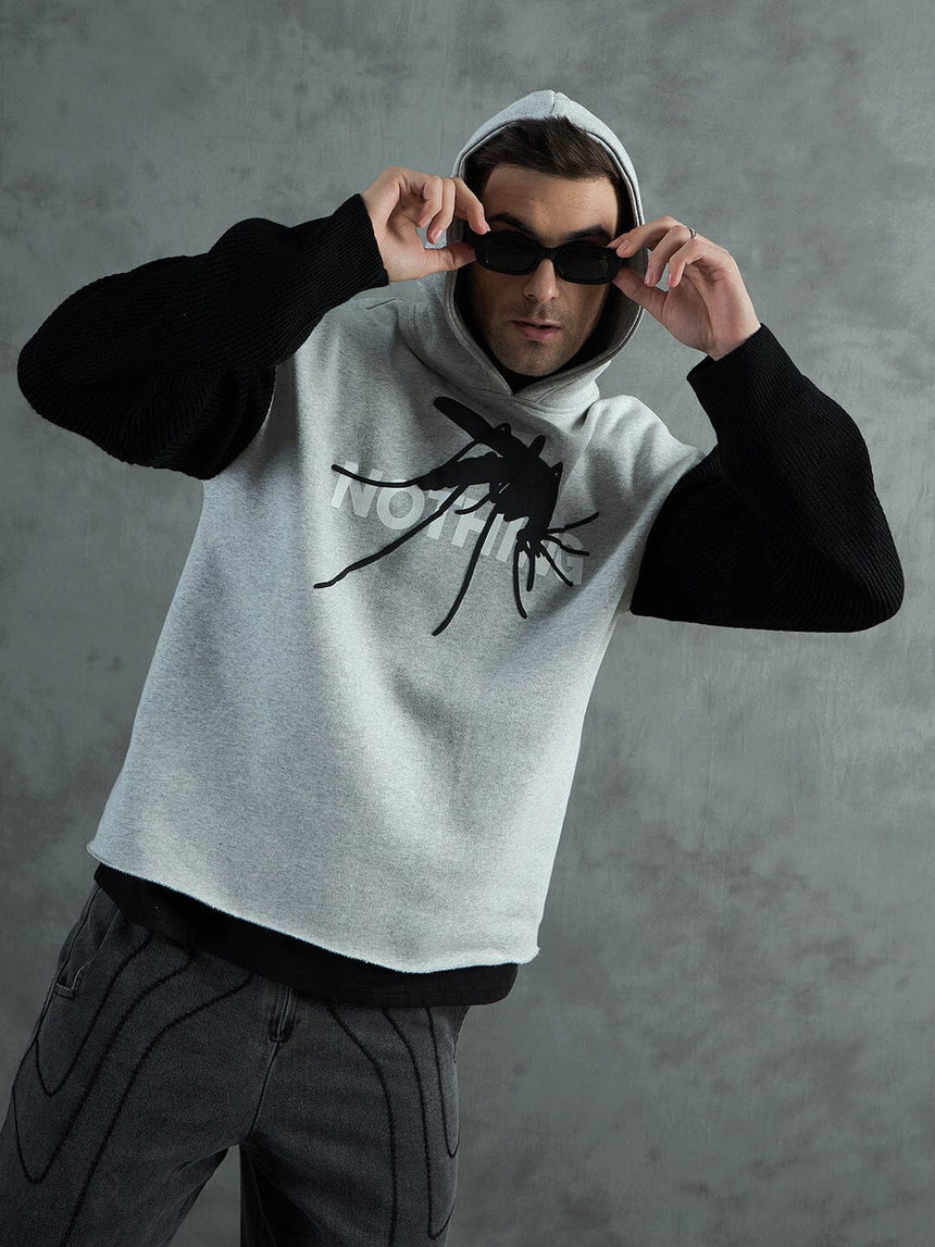 Grey Cropped Hoodie With Contrast Sleeves Sweatshirts Fugazee