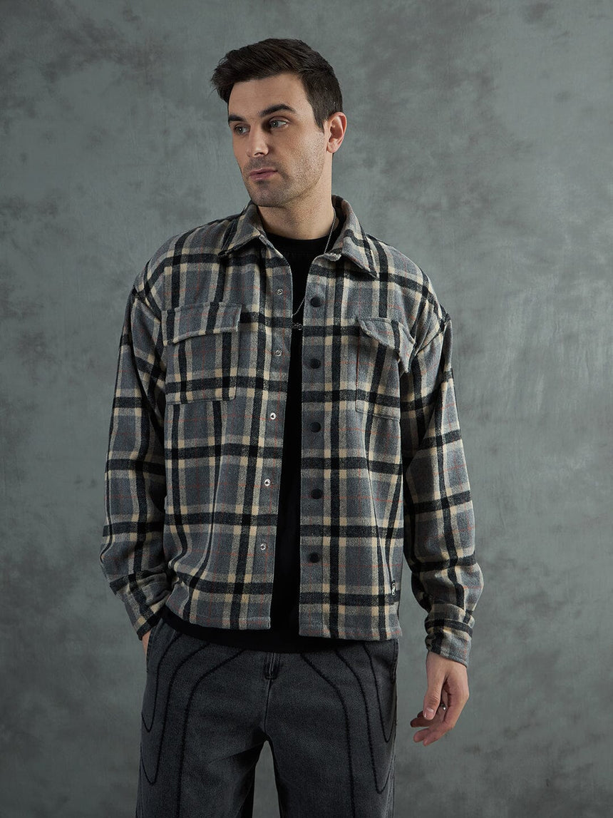 Grey Plaid Woollen OverShirt Shackets Fugazee