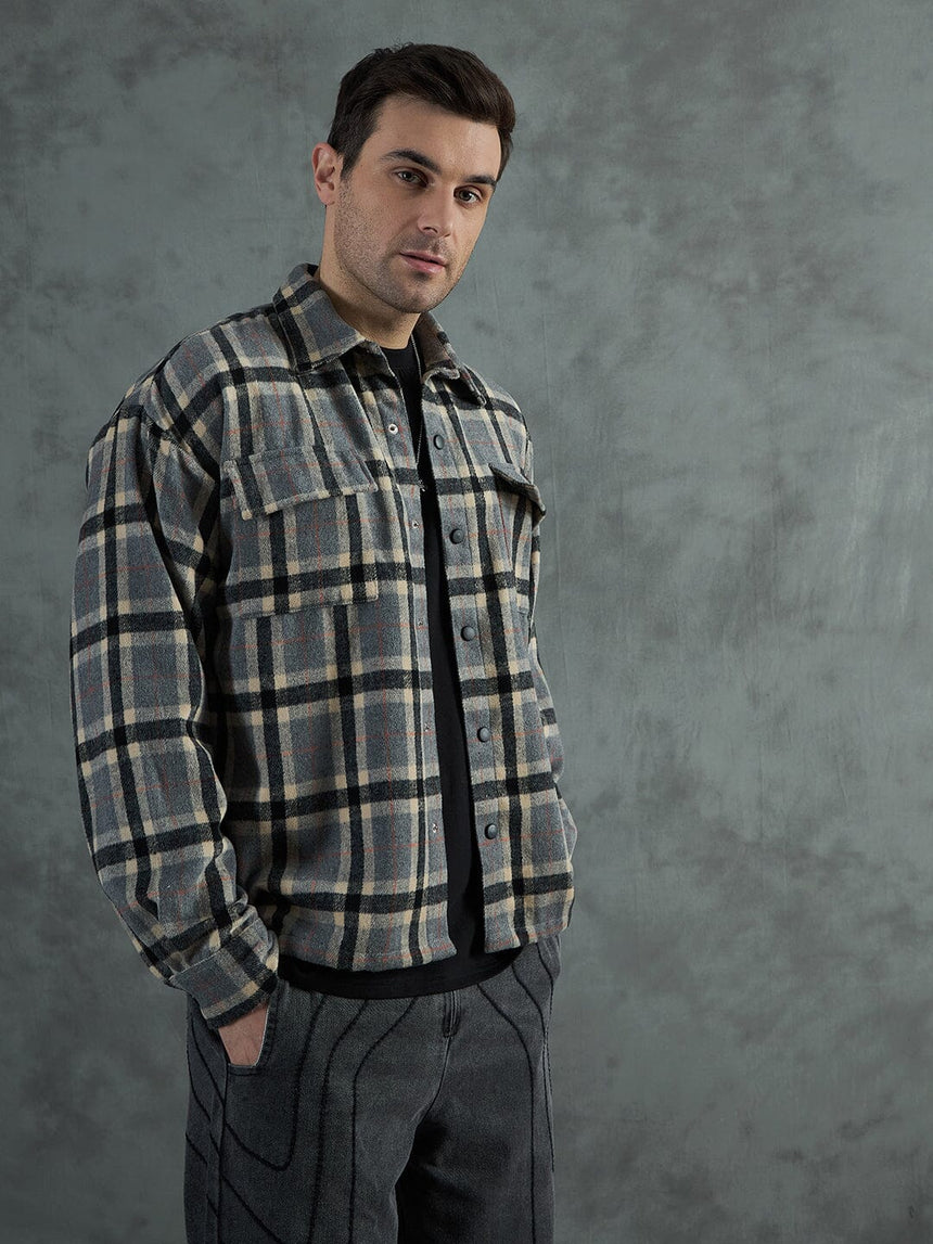 Grey Plaid Woollen OverShirt Shackets Fugazee