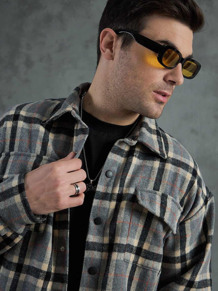 Grey Plaid Woollen OverShirt Shackets Fugazee