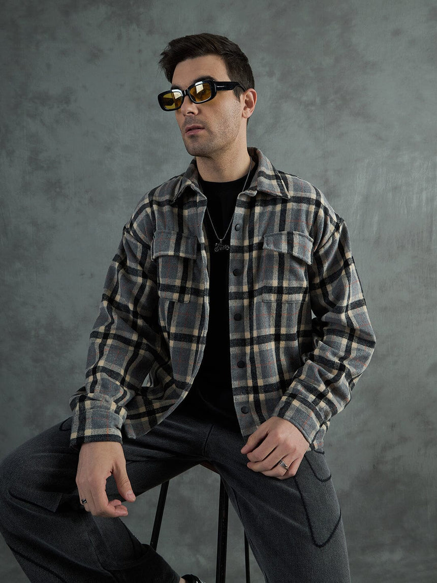 Grey Plaid Woollen OverShirt Shackets Fugazee
