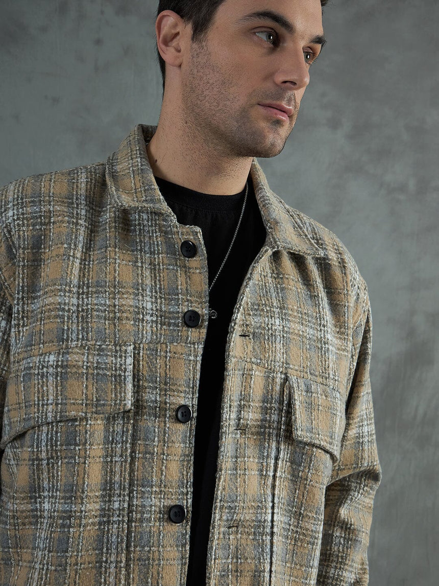 Biege Checkered Tweed Cropped Jacket Jackets Fugazee