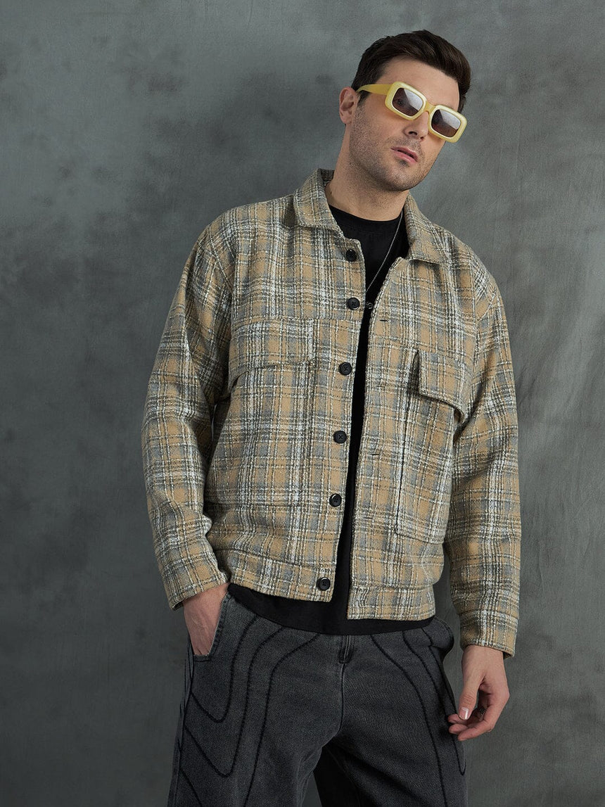 Biege Checkered Tweed Cropped Jacket Jackets Fugazee