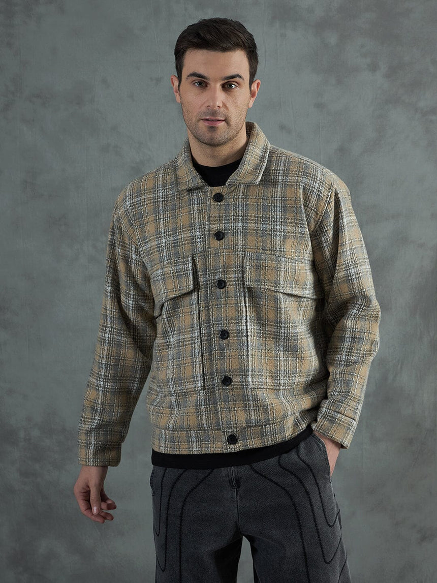 Biege Checkered Tweed Cropped Jacket Jackets Fugazee