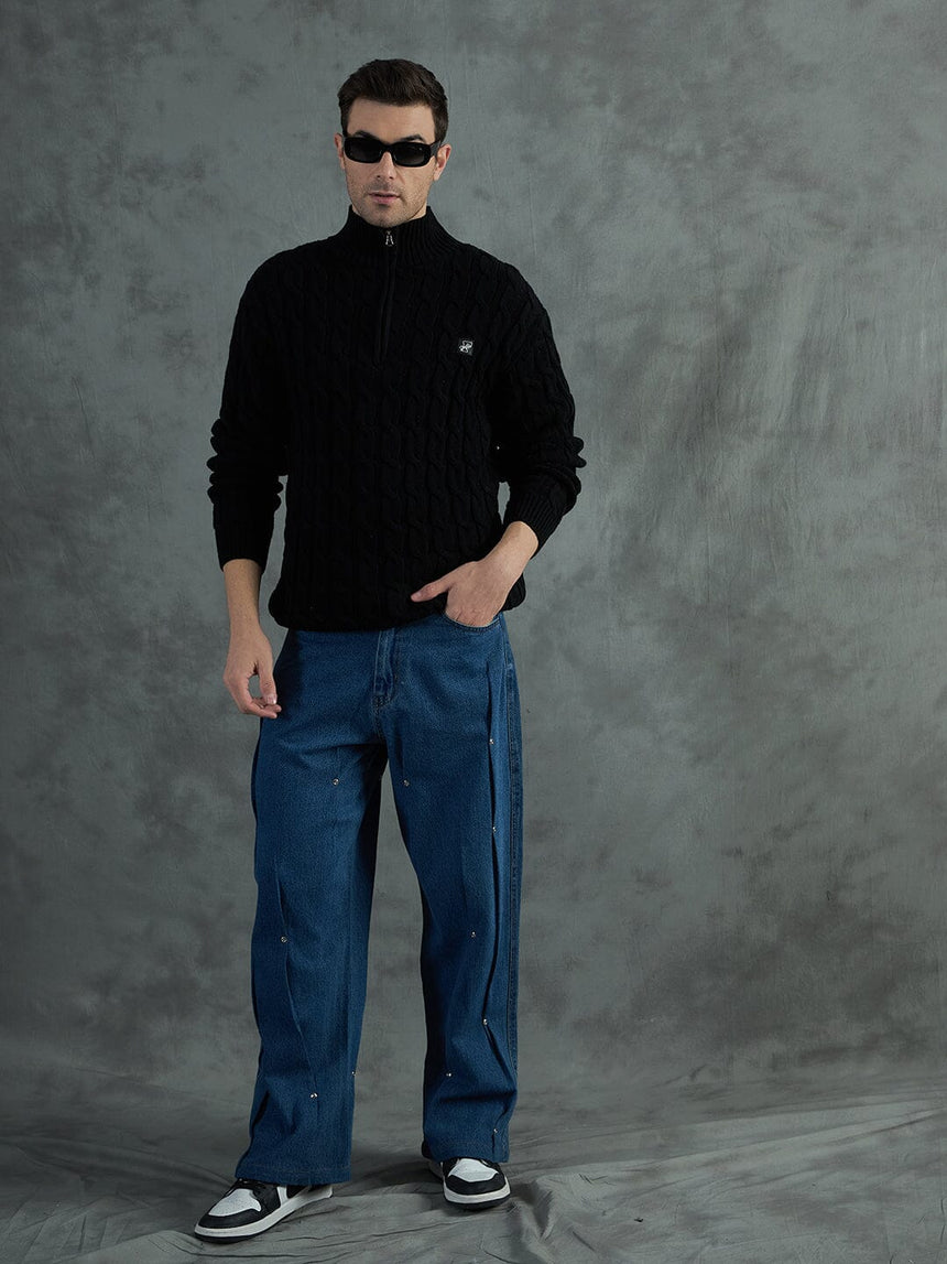 Black Cable Knit Turtle Neck Sweater Sweaters Fugazee