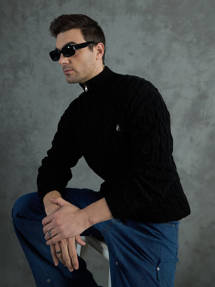 Black Cable Knit Turtle Neck Sweater Sweaters Fugazee