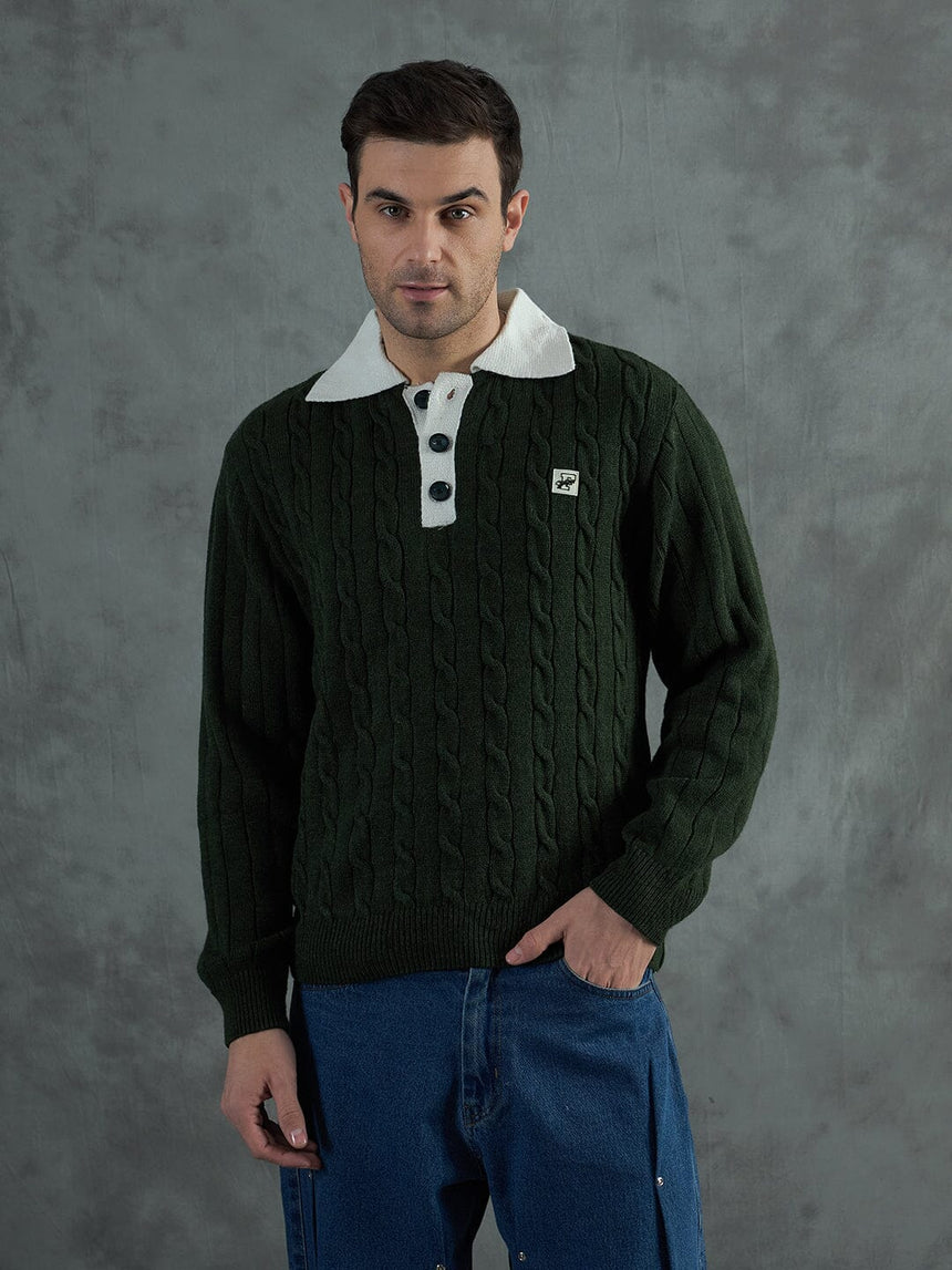 Green Cable Knit Polo Sweater Sweaters Fugazee