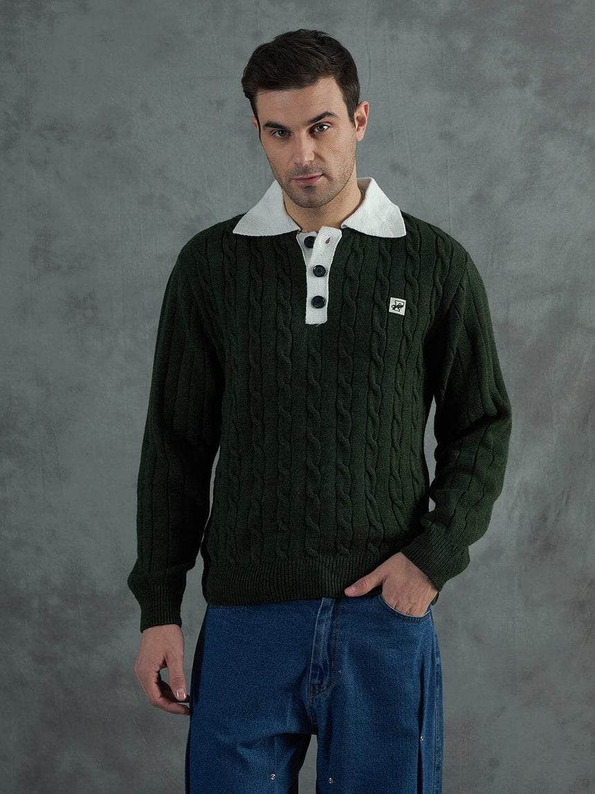 Green Cable Knit Polo Sweater Sweaters Fugazee