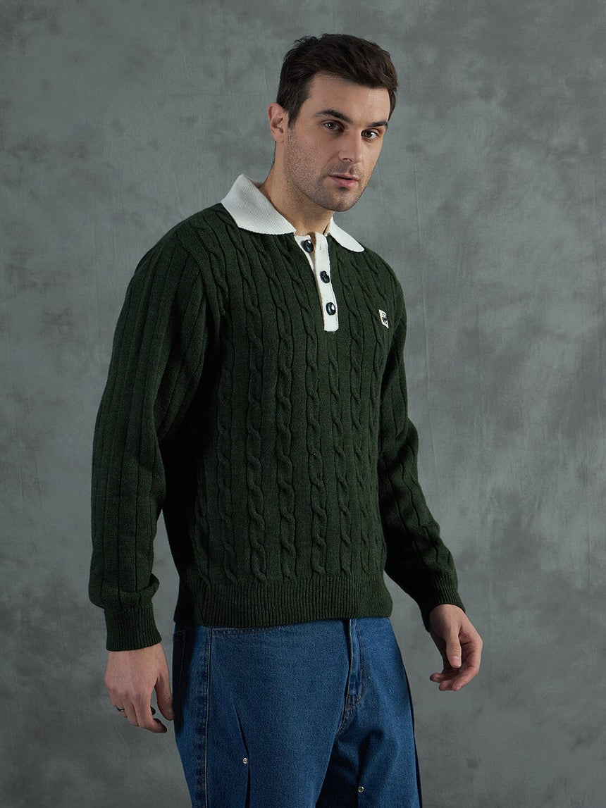 Green Cabel Knit Polo Sweater Sweaters Fugazee