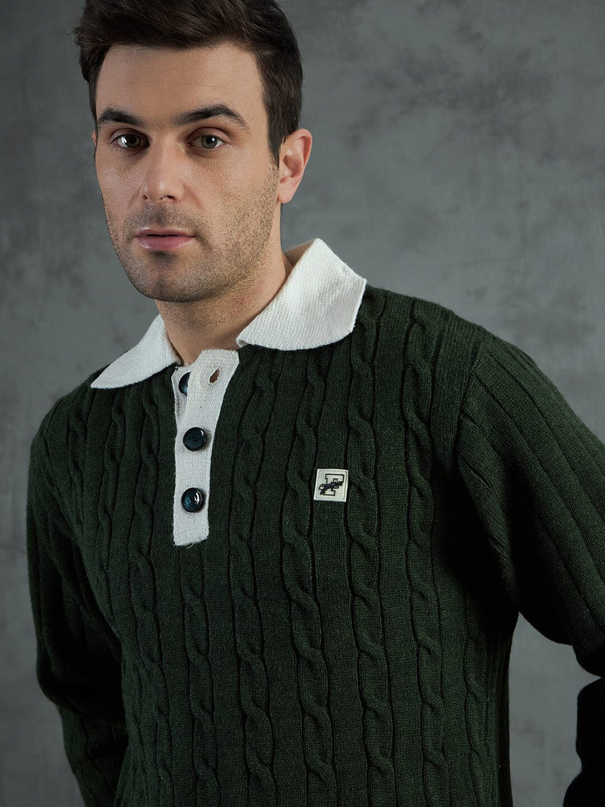 Green Cable Knit Polo Sweater Sweaters Fugazee