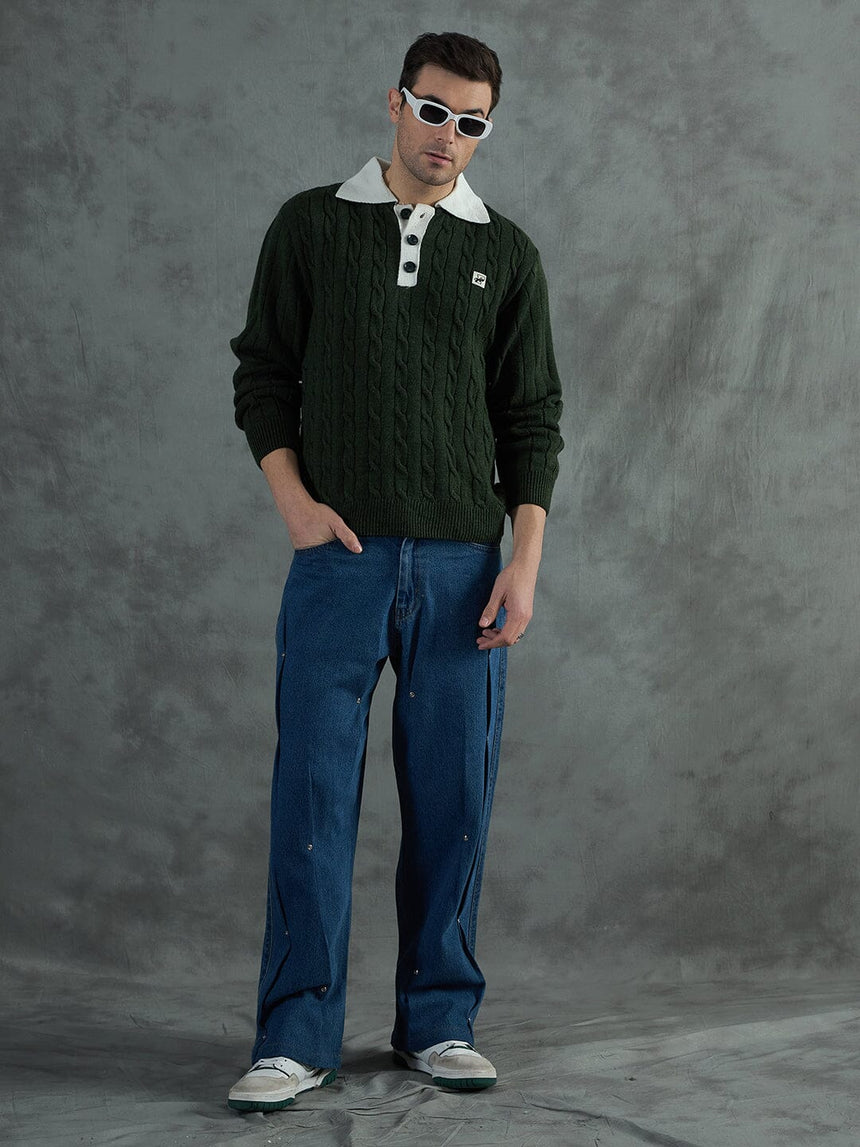 Green Cable Knit Polo Sweater Sweaters Fugazee