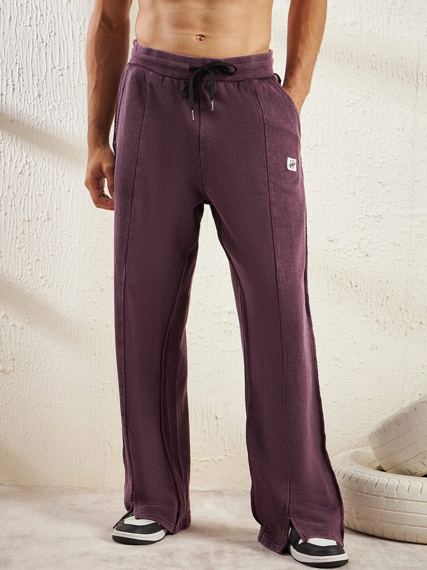 Mauve Dyed Raw Front Slit Relaxed Fit Joggers Trackpants Fugazee 