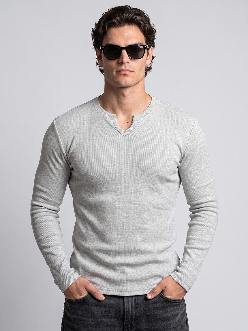 Grey Melange Notch Neck Ribbed Longsleeve Tshirt T-Shirts Fugazee