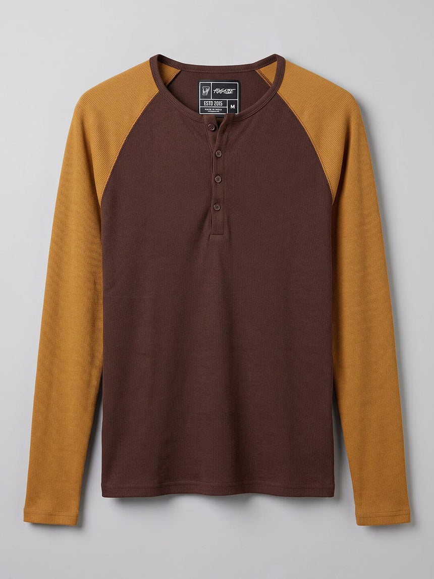 Brown & Tan Raglan Ribbed Henley Tshirt T-Shirts Fugazee