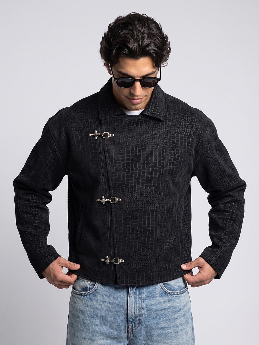 Black Croc Textured Fireman Clasp Harrington Jacket Jackets Fugazee
