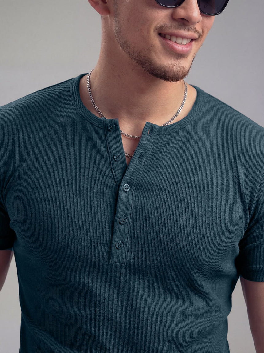 Denim Blue Ribbed Henley Short Sleeves Tshirt T-Shirts Fugazee