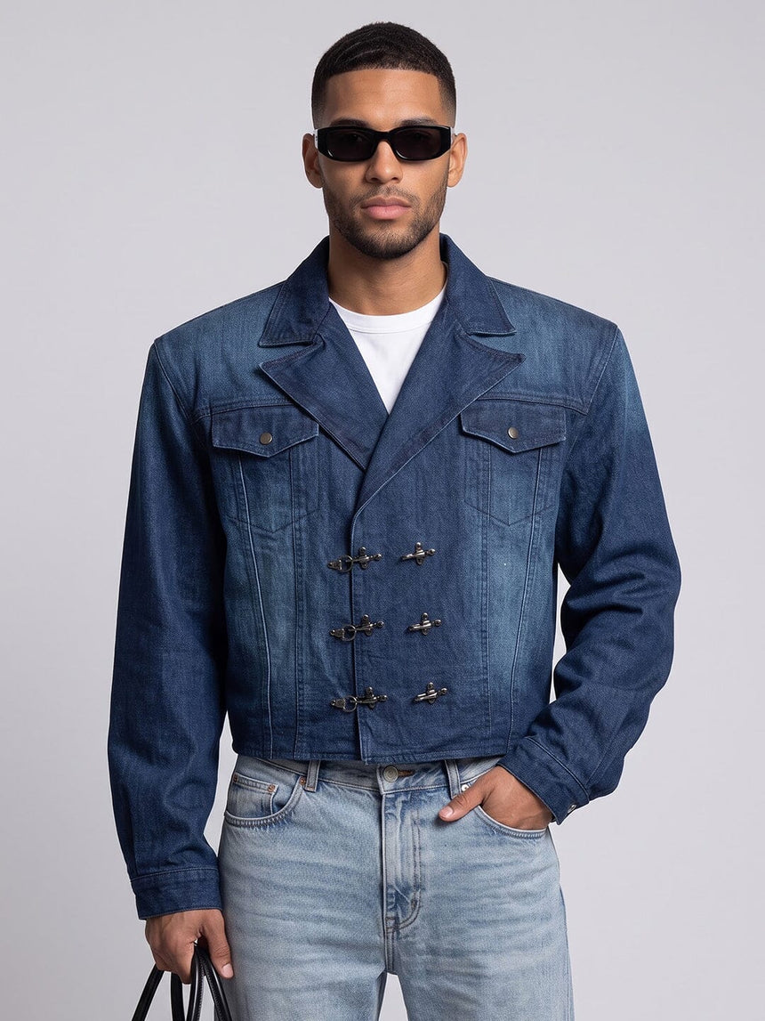 Indigo Blazer Style Cropped Clasped Jacket Jackets Fugazee