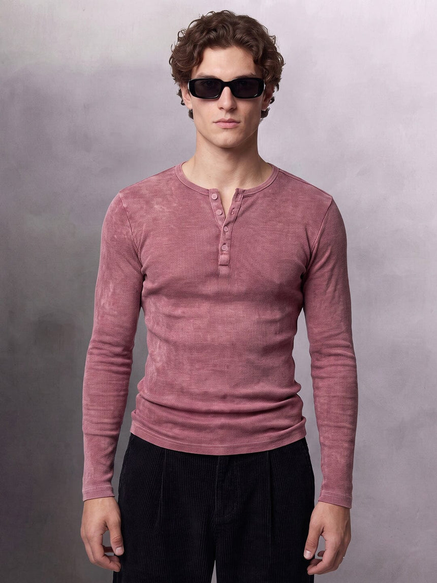 Crimson Acid Washed Ribbed Longsleeve Henley Tshirt T-Shirts Fugazee