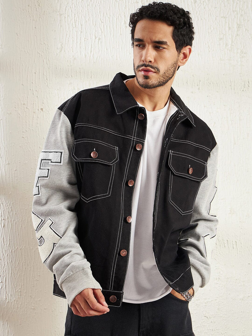 Black Letterman Contrast Stitch Jacket Jackets Fugazee