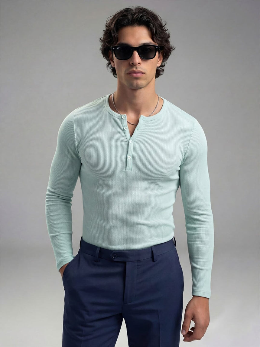 Pastel Mint Green Ribbed Henley Longsleeves Tshirt T-Shirts Fugazee