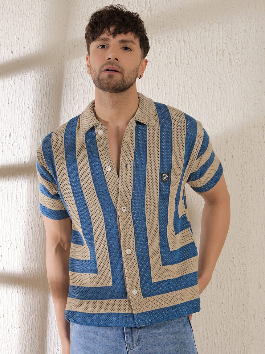 Beige & Blue Striped Crochet Knitted Shirt Shirts Fugazee