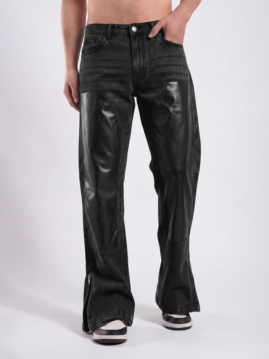 Grey Leather Patched Flared Zipped Denim Jeans Fugazee